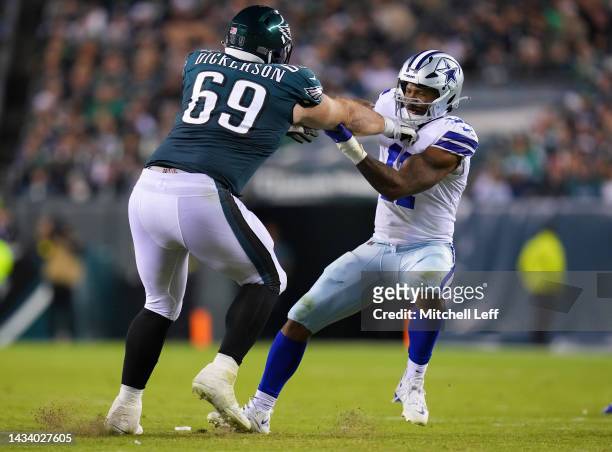 Landon Dickerson of the Philadelphia Eagles blocks Micah Parsons of the Dallas Cowboys in the fourth quarter of the game at Lincoln Financial Field...
