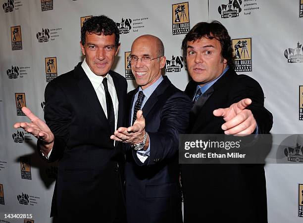 Actor Antonio Banderas, DreamWorks Animation CEO Jeffrey Katzenberg and actor Jack Black joke around as they arrive at a Will Rogers Motion Picture...