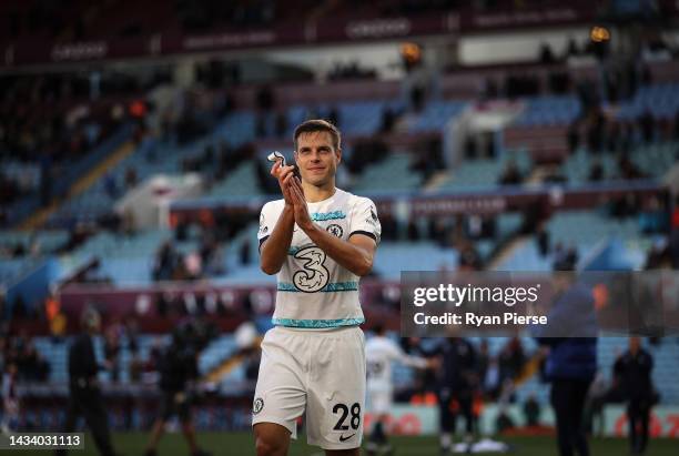 Cesar Azpilicueta of Chelsea celebrates after their sides victory during the Premier League match between Aston Villa and Chelsea FC at Villa Park on...