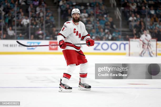 Brent Burns of the Carolina Hurricanes skates on the ice against the San Jose Sharks in the third period at SAP Center on October 14, 2022 in San...