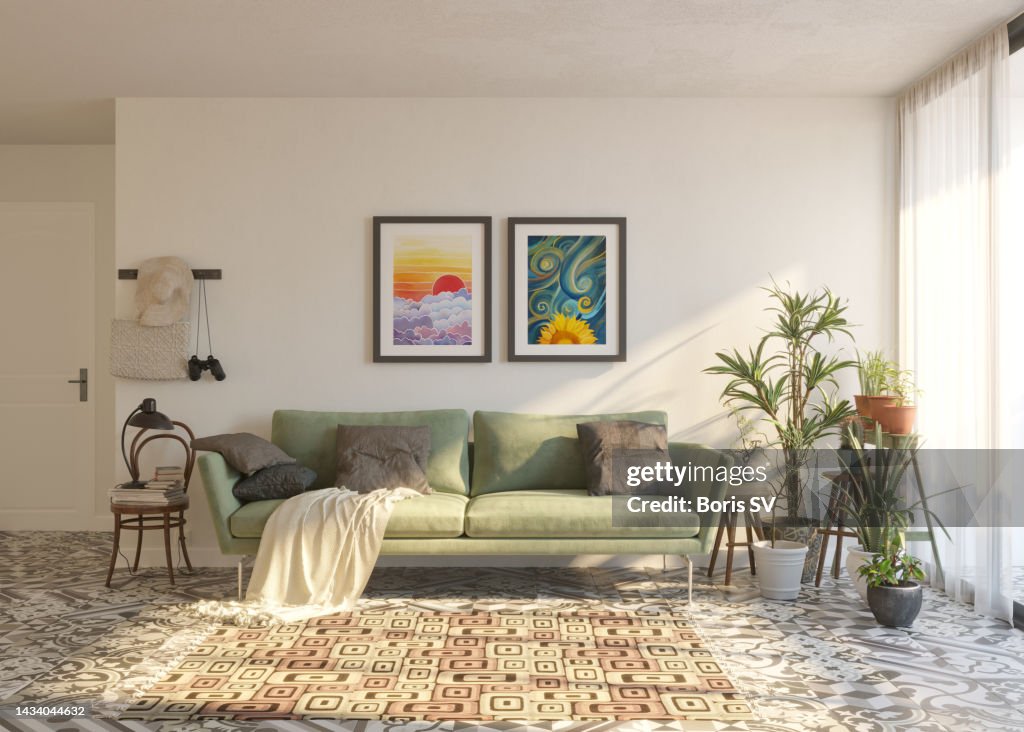 Living room with artworks on the wall