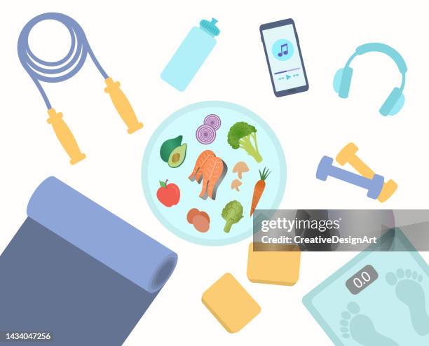 high angle view of sports equipment with healthy food plate. healthy living, wellness and self care concept - healthy eating habits stock illustrations