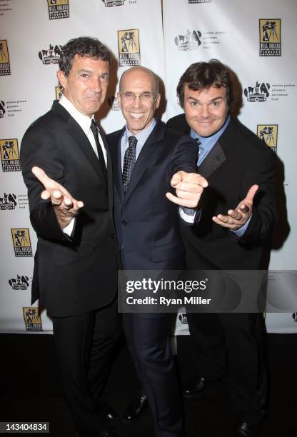 Actor Antonio Banderas, DreamWorks Animation CEO Jeffrey Katzenberg and actor Jack Black arrive at a Will Rogers Motion Picture Pioneers Foundation...