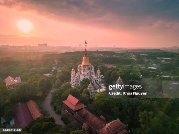 vue aérienne de la pagode longue de buu dans la ville de ho chi minh. un beau temple bouddhiste caché loin dans ho chi minh-ville au vietnam - vietnam photos et images de collection