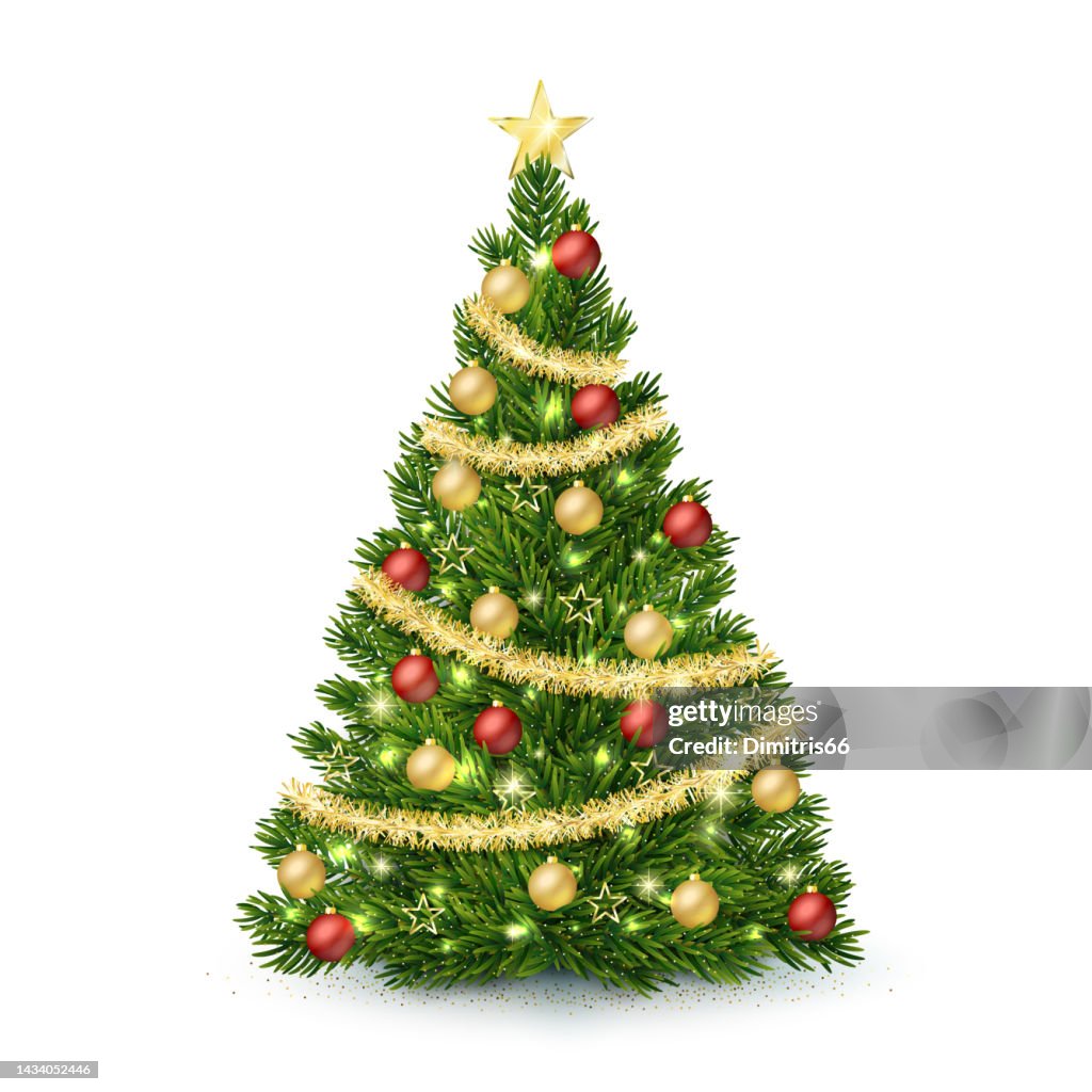 Realistischer Weihnachtsbaum mit Lichtern, roten und goldenen Weihnachtskugeln, goldener Lametta-Girlande und Sternen.