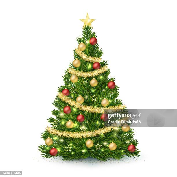 realistic christmas tree with lights, red and gold christmas balls, gold tinsel garland and stars. - christmas tree stock illustrations