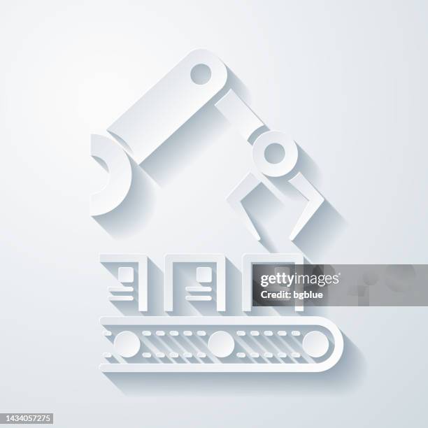 robotic arm on production line. icon with paper cut effect on blank background - robotic process automation stock illustrations