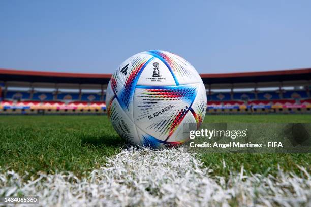 Detailed view of the Adidas Al Rihla official match ball prior to the FIFA U-17 Women's World Cup 2022 Group B match between Nigeria and Chile at...