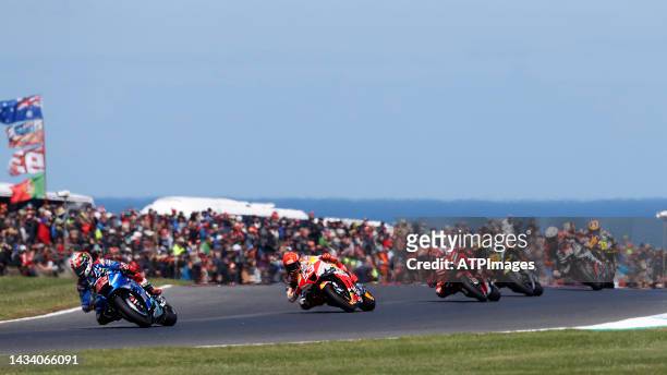 Race winner Alex Rins of Spain and Team SUZUKI ECSTAR, Marc Marquez of Spain and Repsol Honda Team and Francesco Bagnaia of Italy and Ducati Lenovo...