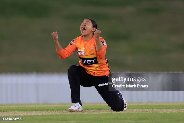 Alana King of the Scorchers celebrates the wicket of Elyse Villani of the Hurricanes during the Women's Big Bash League match between the Hobart...