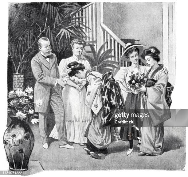 welcome reception of a european family to a japanese female friend - japanese greeting stock illustrations