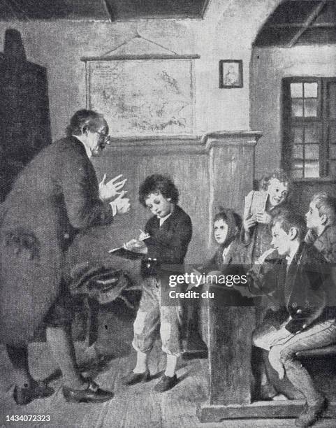teacher examines a boy in front of the class - learning german stock illustrations