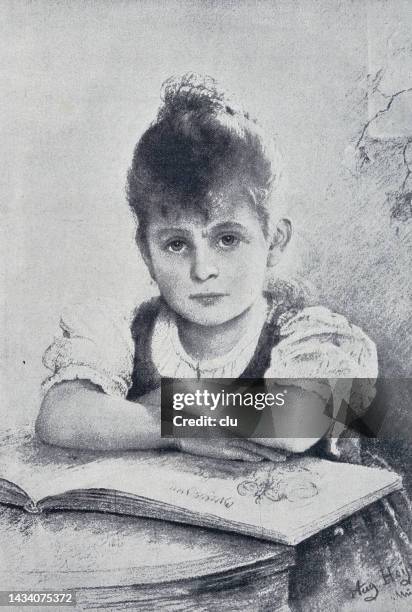 the little philosopher: girl holds her arms crossed over an open book lying on a table, she looks confidently at the viewer - philosopher stock illustrations