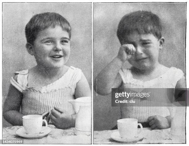 sunshine and rain: happy and sad boy sitting at the table with a white cup, side by side - single tear stock illustrations