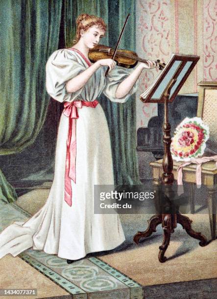 young beauty playing violin, standing at a music stand - music stand stock illustrations