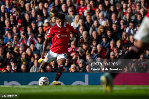 Marcus Rashford of Manchester United in action during the Premier League match between Manchester United and Newcastle United at Old Trafford on...