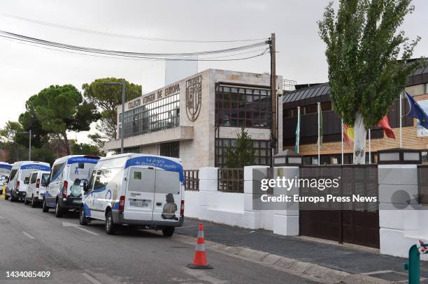 Several vans of the private school Virgen de Europa, in the vicinity of the school, on 17 October, 2022 in Boadilla del Monte, Madrid, Spain. The...