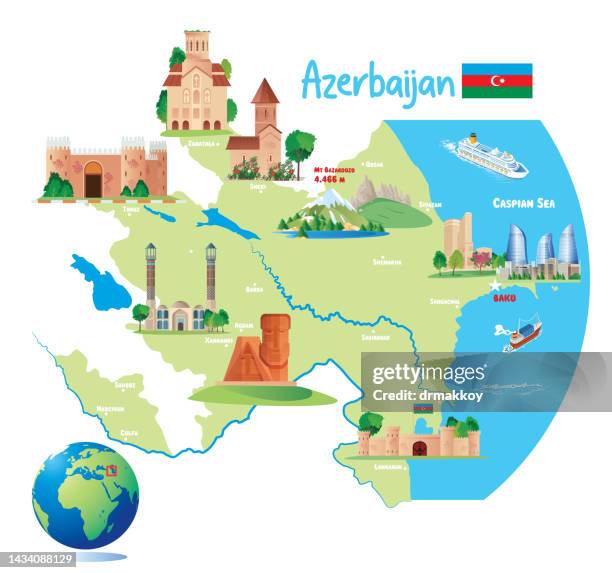 azerbaijan travel map - castle gate stock illustrations