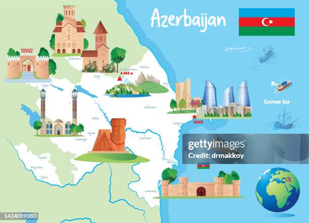 azerbaijan tourism map - baku city stock illustrations