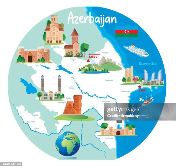 azerbaijan tourism map - caspian lake stock illustrations