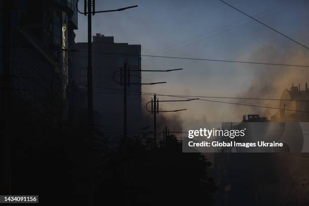 Smoke rising above the street as result of attack from “kamikaze drones” on October 17, 2022 in Kyiv, Ukraine. In the morning, 5 explosions rang out...