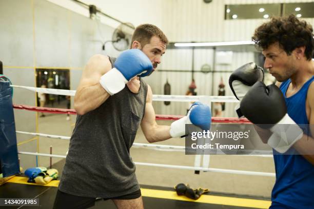 boxer recovers off balance from a punch in sparring session at a fight club - argentina training session stock pictures, royalty-free photos & images