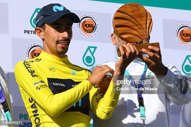 Iván Ramiro Sosa of Colombia and Movistar Team Yellow Leader Jersey celebrates at podium during the 26th Le Tour de Langkawi 2022, stage 7 a 115,9km...