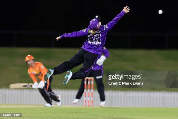 Mignon Du Preez of the Hurricanes attempts to catch a shot from Chloe Piparo of the Scorchers during the Women's Big Bash League match between the...