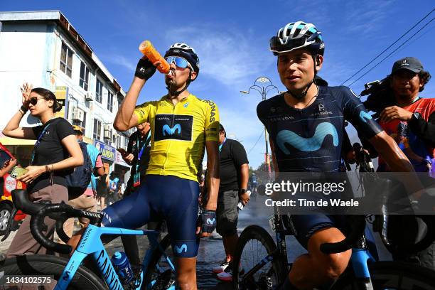 Iván Ramiro Sosa of Colombia Yellow Leader Jersey and Einer Augusto Rubio of Colombia and Movistar Team react after the 26th Le Tour de Langkawi...