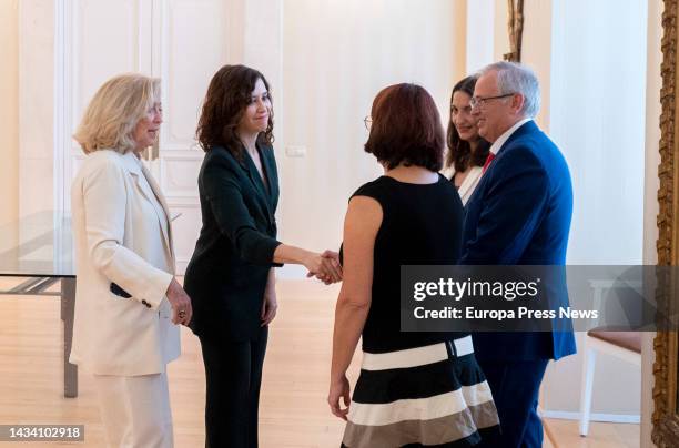 The president of the Community of Madrid, Isabel Diaz Ayuso , greets on her arrival to receive a group of users of the Residencia de Mayores, Amavir...