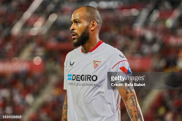 Marcao of Sevilla FC looks on during the LaLiga Santander match between RCD Mallorca and Sevilla FC at Estadi de Son Moix on October 15, 2022 in...