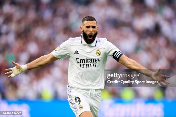 Karim Benzema of Real Madrid CF celebrates goal prior the referee cancel the goal during the LaLiga Santander match between Real Madrid CF and FC...