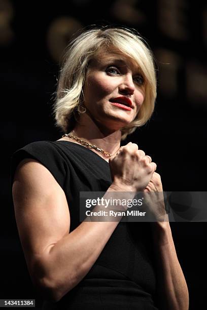 Actress Cameron Diaz speaks onstage at a Will Rogers Motion Picture Pioneers Foundation dinner honoring DreamWorks Animation CEO Jeffrey Katzenberg...
