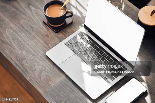 laptop screen, smartphone mock up and coffee for marketing, advertising on digital software app with productivity, desk and workspace background. multimedia technology, startup website mockup design - newsletter stock pictures, royalty-free photos & images