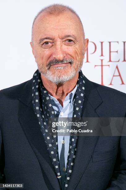 Spanish Author Arturo Perez-Reverte attends the "La Piel del Tambor" photocall at the Villa Real hoton October 17, 2022 in Madrid, Spain.