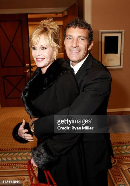 Actor Antonio Banderas and wife Melanie Griffith attend a Will Rogers Motion Picture Pioneers Foundation dinner honoring DreamWorks Animation CEO...