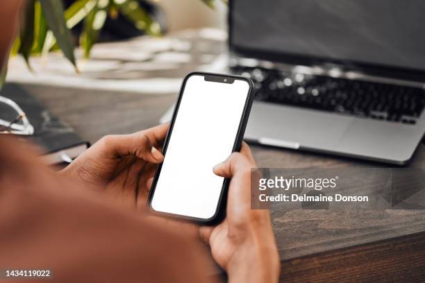 hands, mockup phone screen and mobile app for brand advertising, marketing space or web design. person typing blank space smartphone, social media online blog or 5g website network connection on tech - mockup smartphone stockfoto's en -beelden