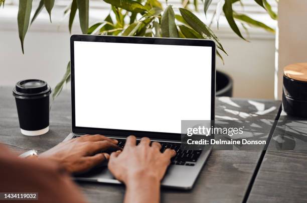 mock up space, laptop with hand of businessman remote work on digital, marketing or email in restaurant cafe. planning, search and coffee with tech for internet, network and web design on screen - desk imagens e fotografias de stock