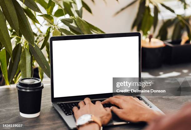 hands typing, coffee and laptop mockup, copy space or advertising, freelancer writing report or online email. pc, computer and black man working on internet research, web surfing or social media. - laptop mockup stock pictures, royalty-free photos & images