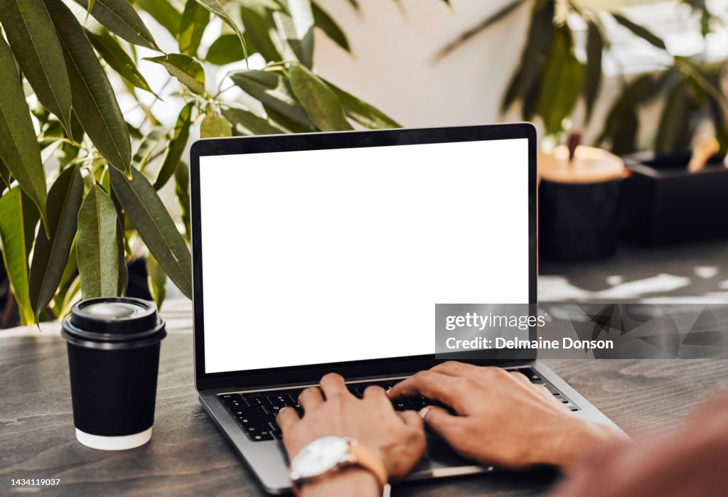 Hands typing, coffee and laptop mockup, copy space or advertising, freelancer writing report or online email. Pc, computer and black man working on internet research, web surfing or social media.