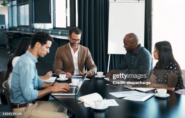 b2b company deal, meeting and client team agreement of teamwork collaboration in a office. happy business employees together working on a crm corporate contract business project or job strategy - business audit stockfoto's en -beelden