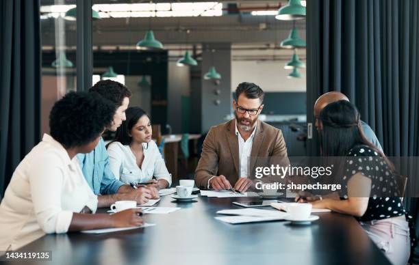 planning, project management and leadership with business people in meeting for marketing strategy, review and collaboration. vision, goals and consulting with ceo and employee in office for research - auditoria imagens e fotografias de stock