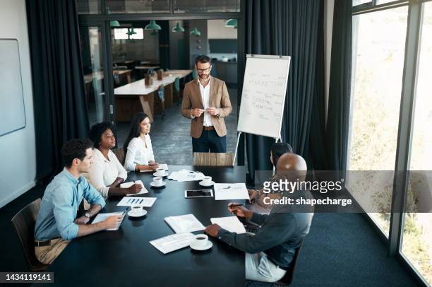 meeting, presentation and training with a man ceo, manager or leader and his team in a workshop. teamwork, leadership and growth with a male boss teaching his staff for mission, vision or development - board room background stock pictures, royalty-free photos & images