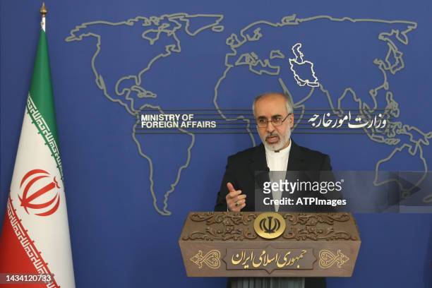 Nasser Kanani, the spokesman of the Ministry of Foreign Affairs of Iran, leads a press conference on October 17, 2022 in Tehran, Iran.