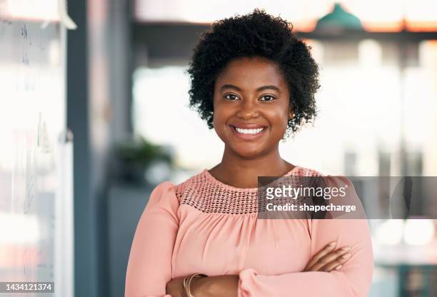 happy, smile and business leadership black woman, entrepreneur and manager in new york modern office. portrait face female executive boss working for motivation, vision and trust in startup company - face look right stock pictures, royalty-free photos & images