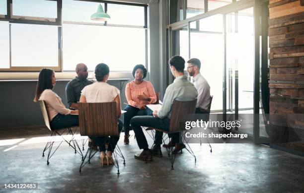 business people, teamwork and collaboration support in therapy, team building or planning circle. listen, diversity or office mental health group with men and women in work help community meeting - build trust stock pictures, royalty-free photos & images