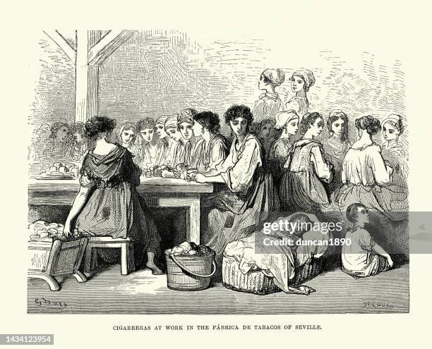 stockillustraties, clipart, cartoons en iconen met women working in tobacco factory of seville, spain, illustrated by gustave dore, spanish history 19th century - tobacco workers