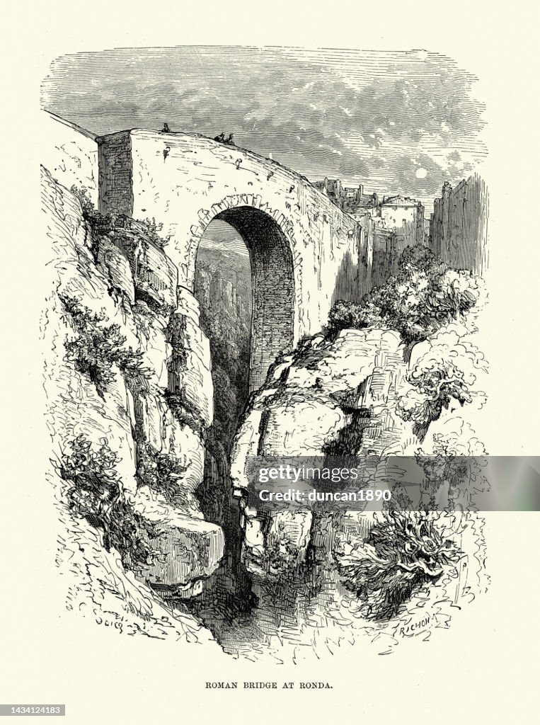 Ancient Roman Bridge at Ronda, Andalusia, Spain illustrated by Gustave Dore, Spanish history 19th Century