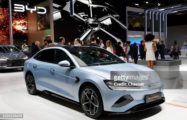 Byd Seal electric automobile by Chinese manufacturer BYD is on display during the "Mondial de l'Automobile" at the Parc des Expositions on October...