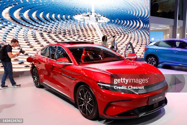 Byd Han electric automobile by Chinese manufacturer BYD is on display during the "Mondial de l'Automobile" at the Parc des Expositions on October 17,...